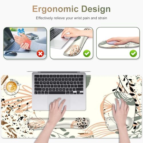 Large Mouse Pad with Wrist Support 4 in1 Set, XXL Big Game Mousepad + Keyboard Wrist Rest+Mouse Wrist Rest+Coaster Ergonomic Gaming Mat for Home Office Table Computer I Modern Boho Leaves