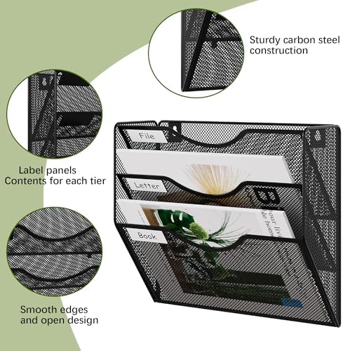 EasyPAG 3 Pocket Mesh Wall File Organizer, Hanging Paper Folder Holder with Classify Label, Vertical Wall Mount Mail Organizer for Office Home Classroom, Black