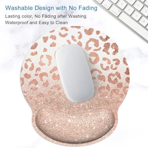 ITNRSIIET Ergonomic Mouse Pad with Wrist Support Wrist Rest Smooth Surface Non-Slip Rubber Base Comfortable Office Supplies Pain Relief, 9.8 x 9.1 inches, Rose Gold Leopard Print