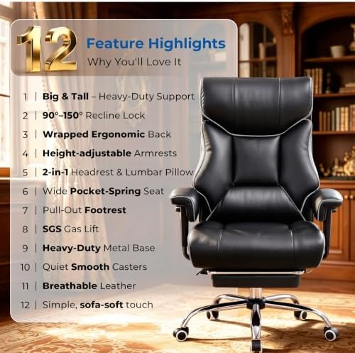 COMHOMA Big and Tall Office Chair,Heavy Duty Gaming Chair with Foot Rest and Wide Pocket Spring Cushion Reclining Height Adjustable for Home Office Work, Comfy Pu Leather Black-White