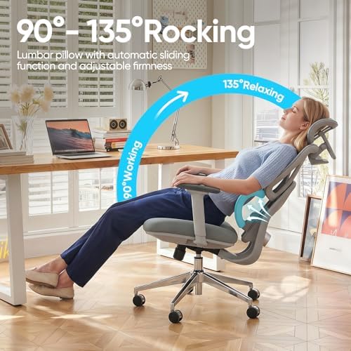 Ergonomic Mesh Office Chair, Desk Chairs with Adjustable Lumbar Support, 4D Flip-up Arms & 3D Headrest, Comfy High Back Breathable Mesh Computer Chair for Home Office, 400lbs (Grey)