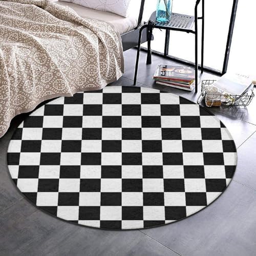 Soft Round Yoga Carpet, Large Home Decor Mat, Non-Slip Machine Washable Kitchen Office Circle Rug Compatible with Race Checkerboard Checkered Black and White