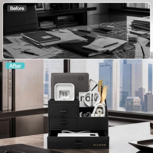 Desk Organizer with Drawer, Luxury 7 Compartments Leather Desk Caddy, Black