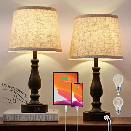 EJIAXIN Table Lamps Set of 2, Bedside Nightstand Lamps with USB Charging Ports,Dimmable Touch with Linen Fabric Lampshade, Modern Small Lamp for Bedrooms, Living Room (Bulbs Included)