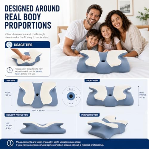 Ergonomic Cervical Memory Foam Pillow for Neck and Shoulder Support, Contour Butterfly Bed Pillow with Breathable Cover, Neck Support Pillow for Side Back and Stomach Sleepers (Blue)