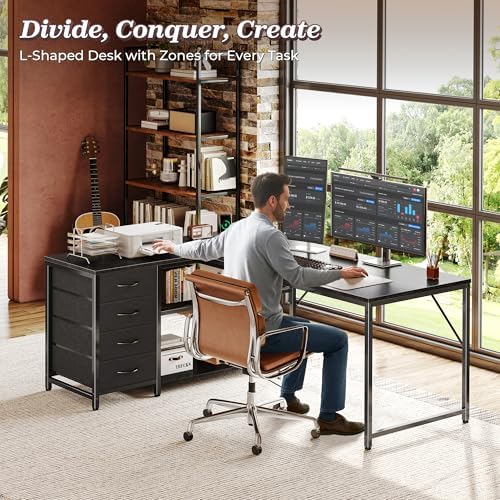 PRAISUN 53" L Shaped Desk with Power Outlets & 4 Drawers