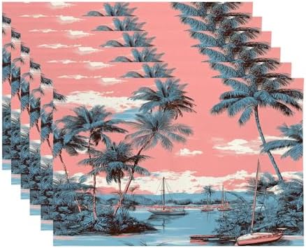 Beach Vacation Seaside Relaxation Linen Placemats, Palm Lined Shore Nautical Charm Table Mats for Table Washable Heat Insulation Thick Dining Mat, Indoor/Outdoor 12X18 in 6 Pcs
