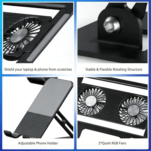 Laptop & Phone 2-in-1 Cooling Stand with Silent Fan, Adjustable Height & Angle, Carbon Steel Foldable Laptop Riser, Gaming Laptop Cooler Pad for Laptops Up to 18 Inch (Black)