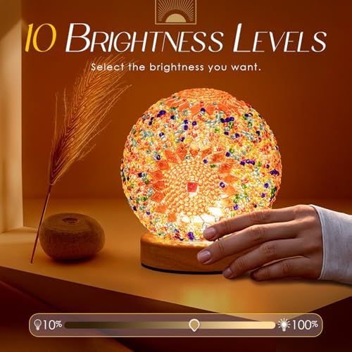 Turkish Mosaic Lamp, 3 Color Temperature Tiffany Bedside Lamp with USB Power, Moroccan Glass Lantern Table Lamp for Living Room Decor, Simple Control (D:4.7" x H:5.2") (Orange1)