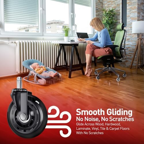 RIVEDA Office Chair Caster Wheels Set of 5 - Smooth 3 inch Heavy-Duty Replacement Rubber Wheels for Gaming & Desk Chair - Easy to Install, Suitable for Hardwood Floors, Carpet, Tiles (Black)