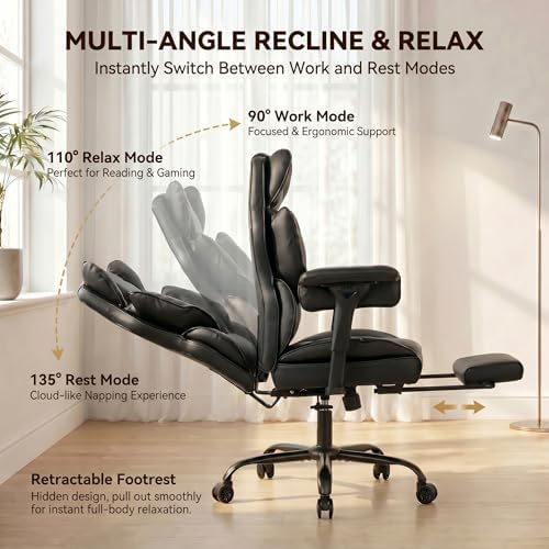 Big and Tall Gaming Office Chair 400lbs - Heavy Duty Ergonomic Computer Desk Chair with Footrest, Adjustable Armrests, High Back PU Leather with Racing Style (Black)