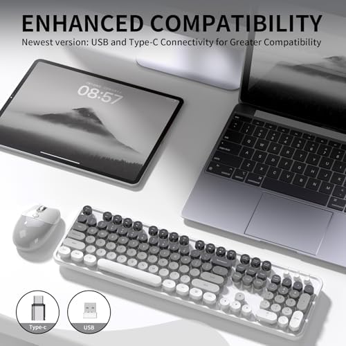 Creamy Wireless Keyboard and Mouse, MOFII 104 Round Keycaps Retro Typewriter with OTG & Brush, Full-Size Ergonomic, Ideal for Windows PC, Home, Office and College Gray White
