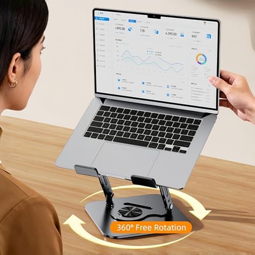 Laptop Stand for Desk, Adjustable Metal Foldable Laptop Riser with 360° Rotation & Football Vent Pattern, Ergonomic Computer Notebook Holder for MacBook Air Pro, Dell XPS, HP 10-17.3", Gray