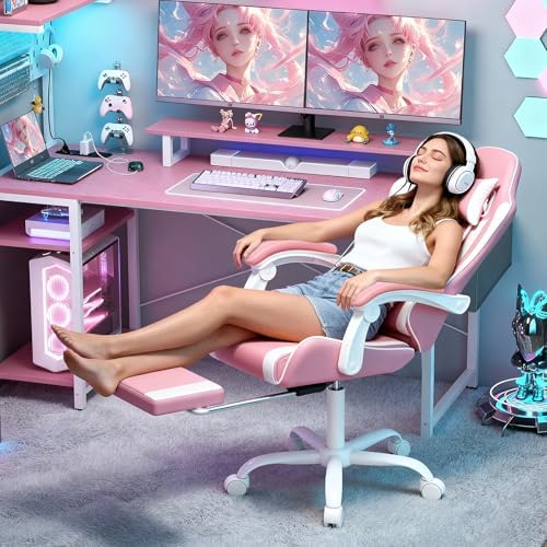 Magshion Gaming Chair for Adults, Ergonomic Computer Chair with Linkage Armrests, Height Adjustable Gamer Chair with Footrest and Headrest for Home Office, 350 Lbs Capacity, Pink/White