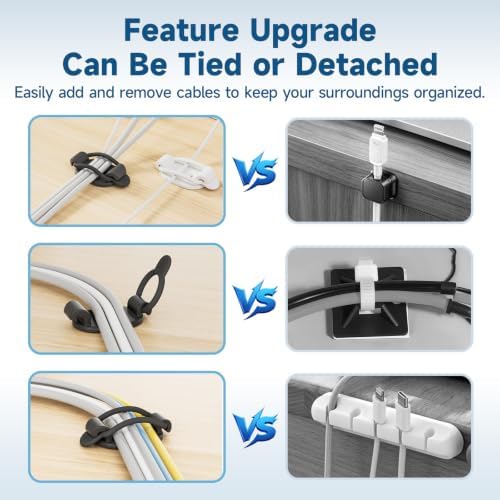 10 Sets Adjustable Cable Management Clips, Self Adhesive Cord Organizer with Elastic Loop, Reusable Cable Holder for Desk, Under Desk, Wall, TV, Office, Home, Charging Cables, USB, HDMI, PC Wires