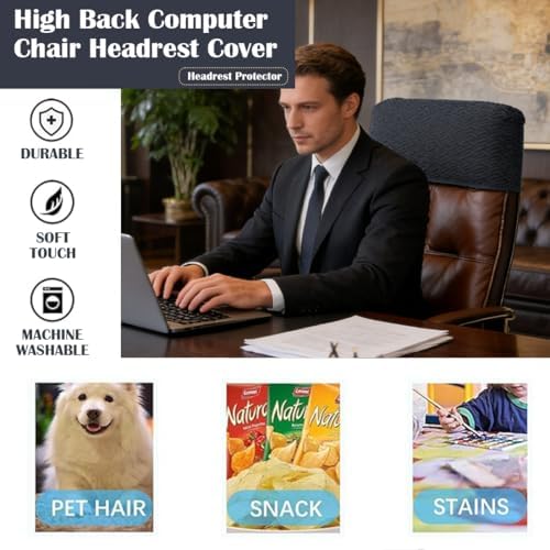 Stretch Office Chair Headrest Cover Jacquard Headrest Slipcover for Office Chairs Non Slip Head Rest Chair Furniture Protector for High Back Computer Chairs Set of 1 Black