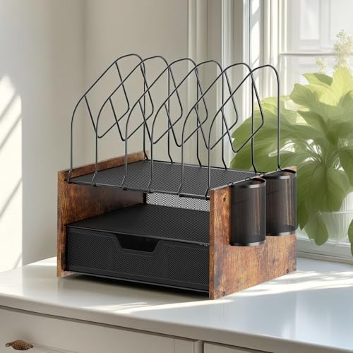 Desk Organizer with Drawer, Desktop File Organizer and Paper Tray Organizer with Vertical File Holder, Office Desk Accessories for Mail, Documents, Papers, Notebooks and Home Office Storage