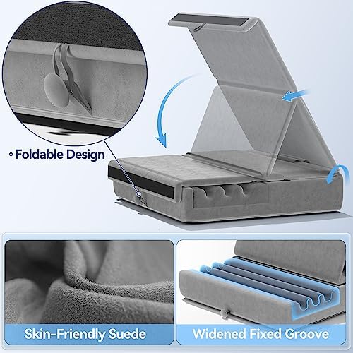 KDD Tablet Pillow Holder, Foldable iPad Stand for Lap, Bed and Desk -Tablet Soft Pad Dock with Pocket & Stylus Mount Compatible with iPad Pro 12.9, 10.5, 9.7 Air Mini 6 5 4 3, Galaxy Tab, E-Reader