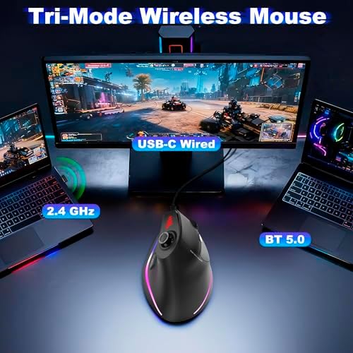 TRELC Wireless Gaming Mouse with 5 D Rocker, 24000 DPI/11 Programmable Buttons, Vertical Ergonomic Mouse for 2 Devices Connection (BT+2.4GHz), Rechargeable Mice for PC/Laptop/E-Sports/Gamer