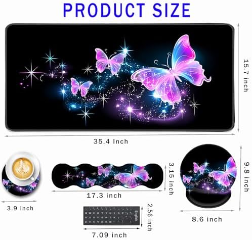 Mouse Pad,Large Pink Desk Mat, 4in1 XXL Mousepad + Keyboard Wrist Rest+Mouse Wrist Rest+Coaster Set with Ergonomic Desk Pad for Home Office Table Computer-Glowing Night Pink Butterflies