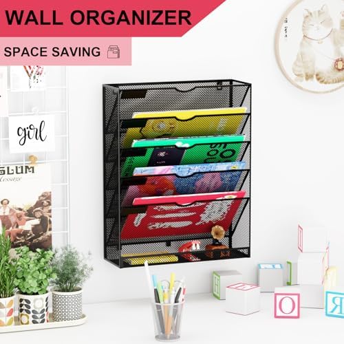 Hanging Wall File Organizer 6 Tier Wall Mounted Mail Paper Folder Holder Document Organization Stand, Vertical Desk Magazine Rack for Office Home Cubicle Countertop, Black