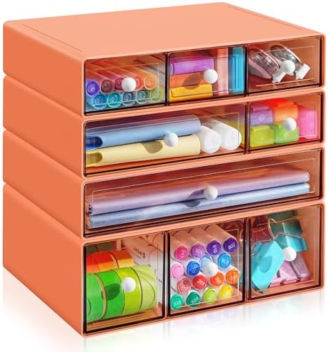 Desk Organizer with 9 Drawers, 4 Tiers Stackable Storage Drawers, Desktop Storage Box with Clear Drawers for Stationery, Makeup, Jewelry, Office and Craft Supplies (Orange)