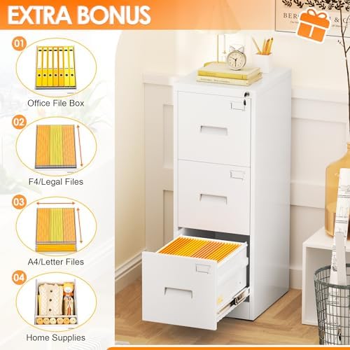 INTERGREAT 3 Drawers File Cabinet with Lock, 18" D Metal White Vertical Filing Cabinet for Hanging Folders, Easy Assemble