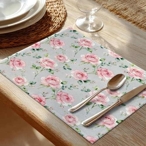 Shrahala Beautiful Flower Set of 6 12 X 18 Inch Linen Placemats, Beauty Blossom Bouquet Elegant Pastel Burlap Table Mat Washable Double Layered Heat Insulation for Indoor/Outdoor