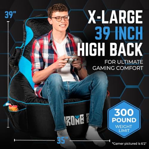Gaming Bean Bag Chair Cover for Adults, High Back, Large Pockets, Blue