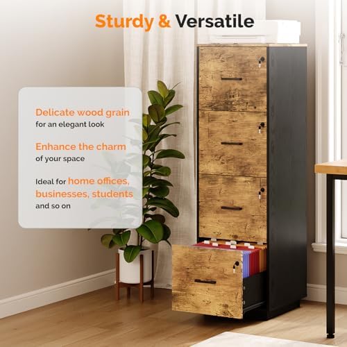 VINGLI 4 Drawer File Cabinet with Lock, Home Office Filing Organizer, for Letter Size File Folder Storage, Wood Tall Vertical Filing Cabinet, Printer Stand, Archivador (Rustic Brown)