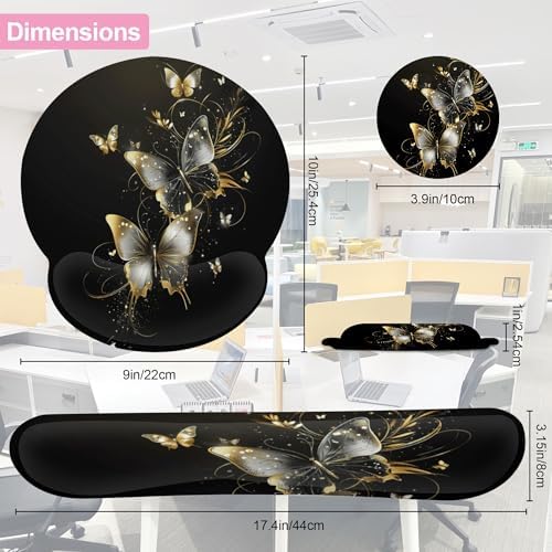 Golden Butterfly Keyboard Wrist Rest Pad Mouse Pad Set,Ergonomic Mousepad Wrist Support Memory Foam Desk Pad for Gaming Office,Non-Slip Rubber Base Easy Typing for Home Office Computers