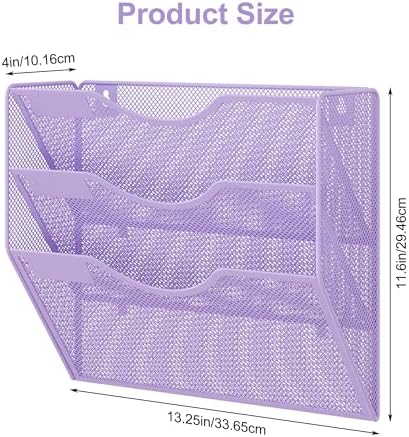 EasyPAG 3 Pocket Mesh Wall File Organizer, Hanging Paper Folder Holder with Classify Label, Vertical Wall Mount Mail Organizer for Office Home Classroom, Purple