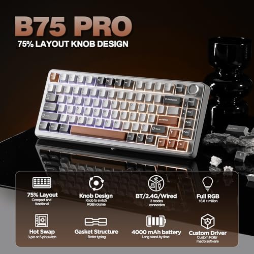 YUNZII B75 PRO 75% Wireless Mechanical Keyboard (Grey,Milk Switch)
