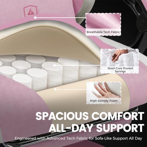 GTPLAYER Gaming Chair Fabric with Pocket Spring Cushion, Big and Tall Gamings Chairs 350LBS High Back Computer Chair with Footrest for Adults Lumbar Support Swivel Game Chair for Office Pink