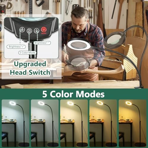 15X Magnifying Glass with Light and Stand, Real Glass Lens, 5 Color Modes, Stepless Dimmable, 24" Flexible Gooseneck 3-in-1 Floor Lamp, LED Lighted Magnifier Hands Free for Close Work, Craft, Painting