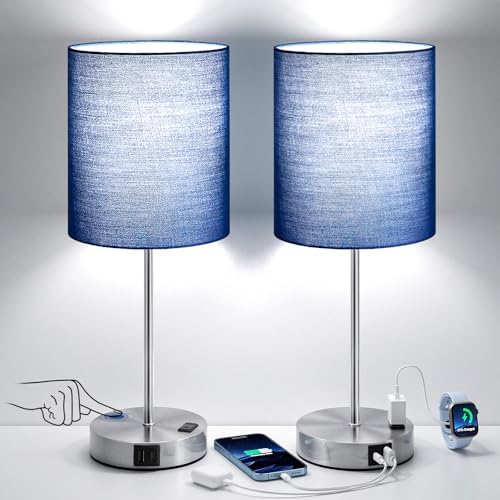 Fenmzee Touch Lamps for Bedroom Set of 2 - Dimmable, USB C+A, AC Outlet