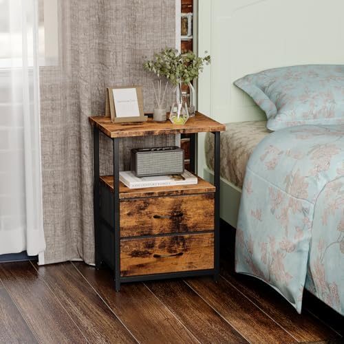 Fixwal Night Stand with Charging Station, 2 Fabric Drawers, Rustic Brown