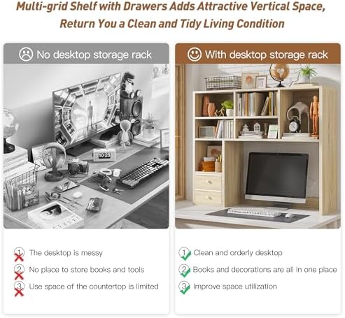 REIBII Desktop Bookshelf, 8 Shelves Desk Hutch for Dorm Room, Natural