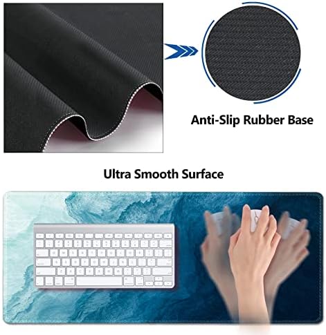 AIMSA Large Gaming Mouse Pad Set, Keyboard Wrist Rest Support + Extended Mouse Pad + Mouse Wrist Cushion + Coaster, Ergonomic Memory Foam Multifunctional Desk Mat 35x15.7inch (Dark Blue Waves)