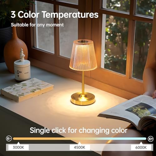 Shenmoyl Set of 2 Cordless Touch Table Lamp with 5200mAh Battery - 3 Adjustable Color Temperatures & Dimmable, Rechargeable Lamp for Bedsides, Living Room, Entryway, Bookshelves (Amber Stripe)