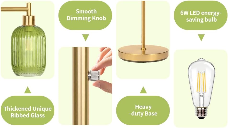 Ruiever Glass Floor Lamp for Living Room, Dimmer Standing Lamp with Green Ribbed Lampshade,66” Tall Lamp & Gold Floor Lamp for Bedroom Study Room,Brushed Gold (Green)