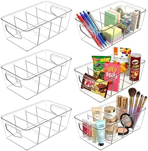 SPACELEAD 6 Pack Clear Pantry Organization Storage Bins with Dividers
