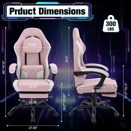 Gaming Chair with Footrest, Ergonomic Fabric Desk Chair, Pink