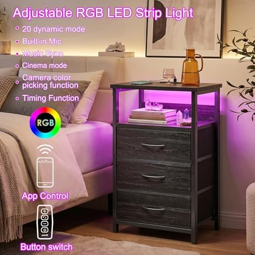 Fixwal Night Stand with 3 Fabric Drawers, Nightstand with Charging Station