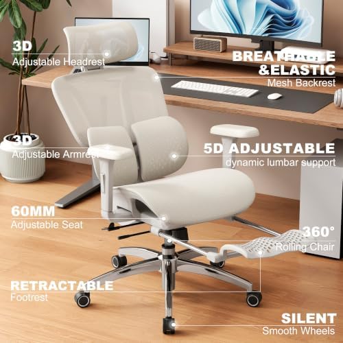 Vonesse Ergonomic Office Chair,Desk Chair with Adjustable 3D Headrest and Armrests, Gaming Chair with Dynamic Lumbar Support & Adjustable Depth Breathable Mesh Seat (White)
