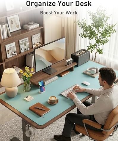 Aothia Faux Leather Desk Mat - Large Mouse Pad, Non-Slip PU Leather Blotter, Waterproof Writing Surface for Office and Home (Blue Topaz, 63" x 24")