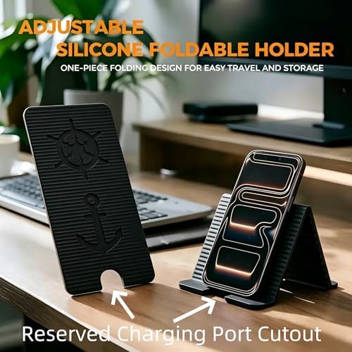 Flexible Silicone Aluminum Phone Holder Tablet Stand with Charging Port Design, Foldable Airplane Laptop/Phone Stand for Home Office Travel (Black)