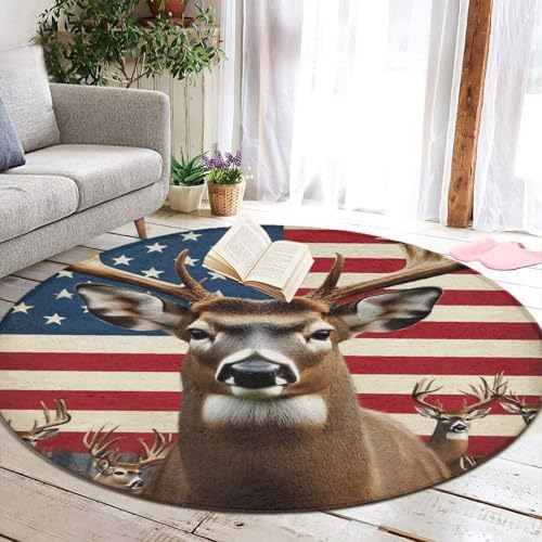 Fashion Round Area Rug Large Non Slip Carpet Unisex Home Decor Mat American US Flag Hunting Deer