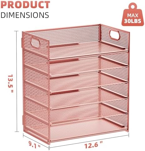Marbrasse 6 Tier Paper Organizer Letter Tray - Mesh Desk File Organizer with Handle, Paper Sorter Organizer for Letter/A4 Office File Folder Holder - Rose Gold