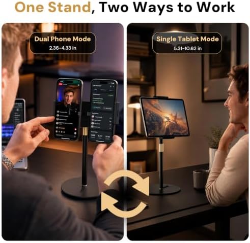 Tablet Stand for Desk, Height Adjustable 9.8-20" iPad Stand Holder with Dual Device Support, Heavy Duty Metal Base 360° Rotation Portable Monitor Stand for iPad Pro Samsung Tab Kindle Phone